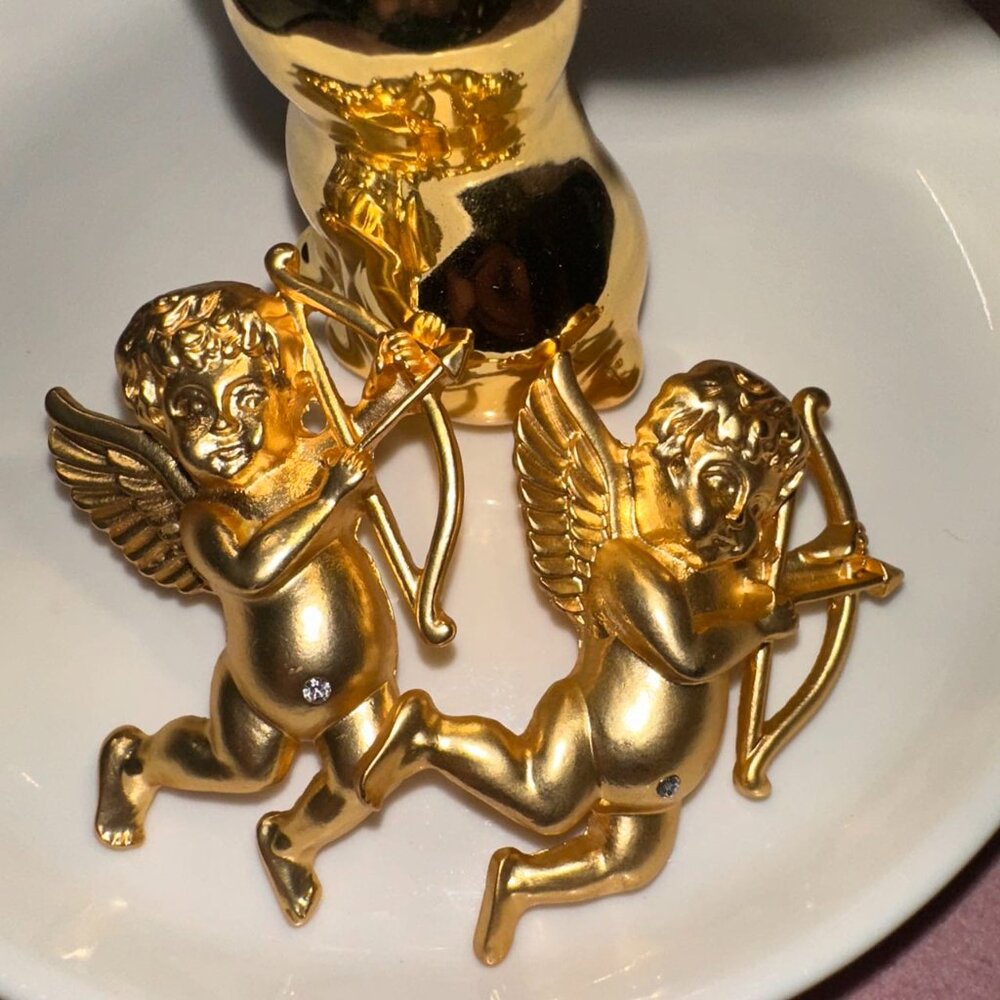 Baroque Cupid Angel Sculptural Statement Earrings in Gold Tone